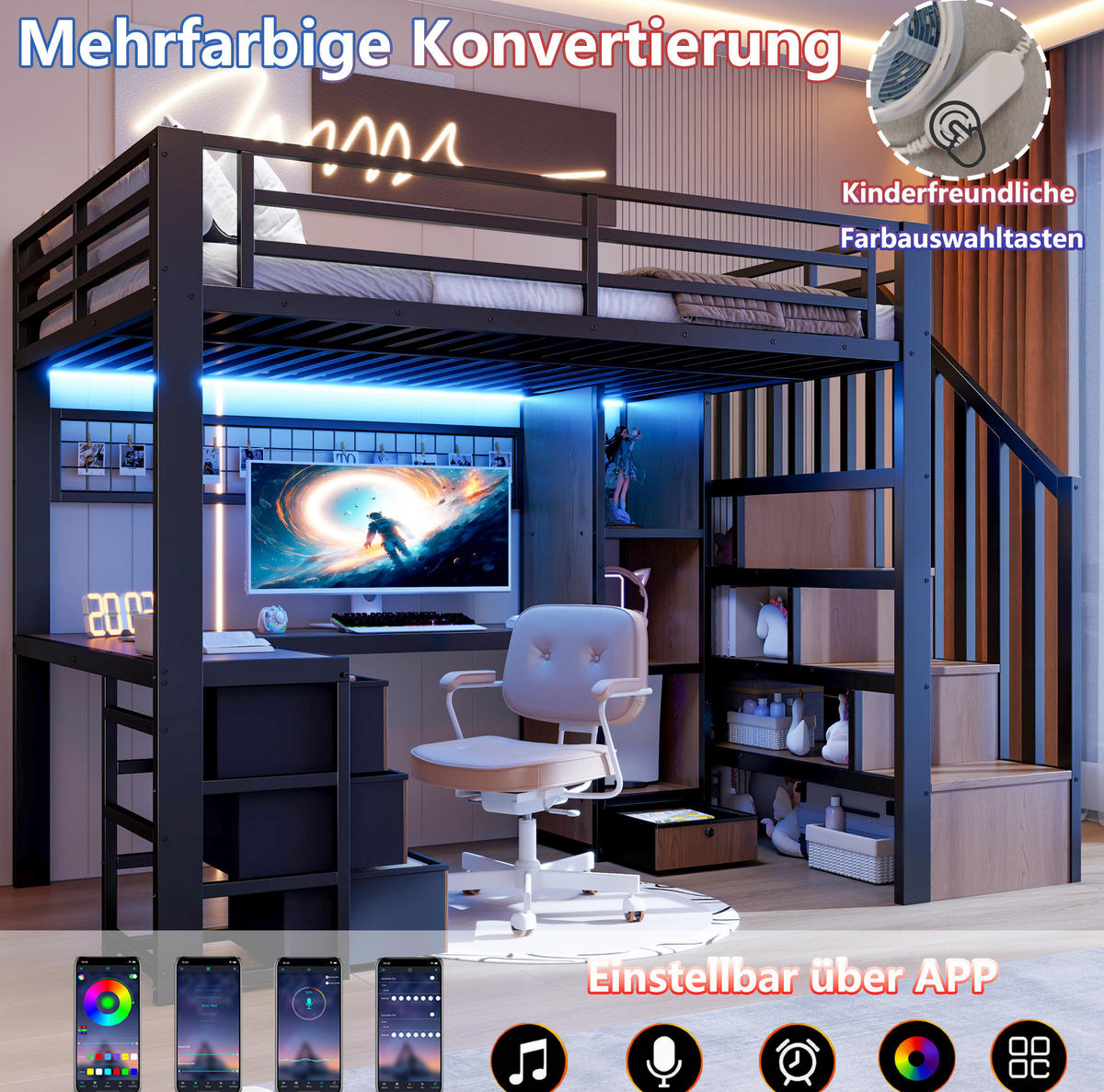 HOCHBETT 90/200 cm schwarz aus Metall und MDF mit LED und Stauraum - Schwarz, Metall (90/200cm) - OKWISH