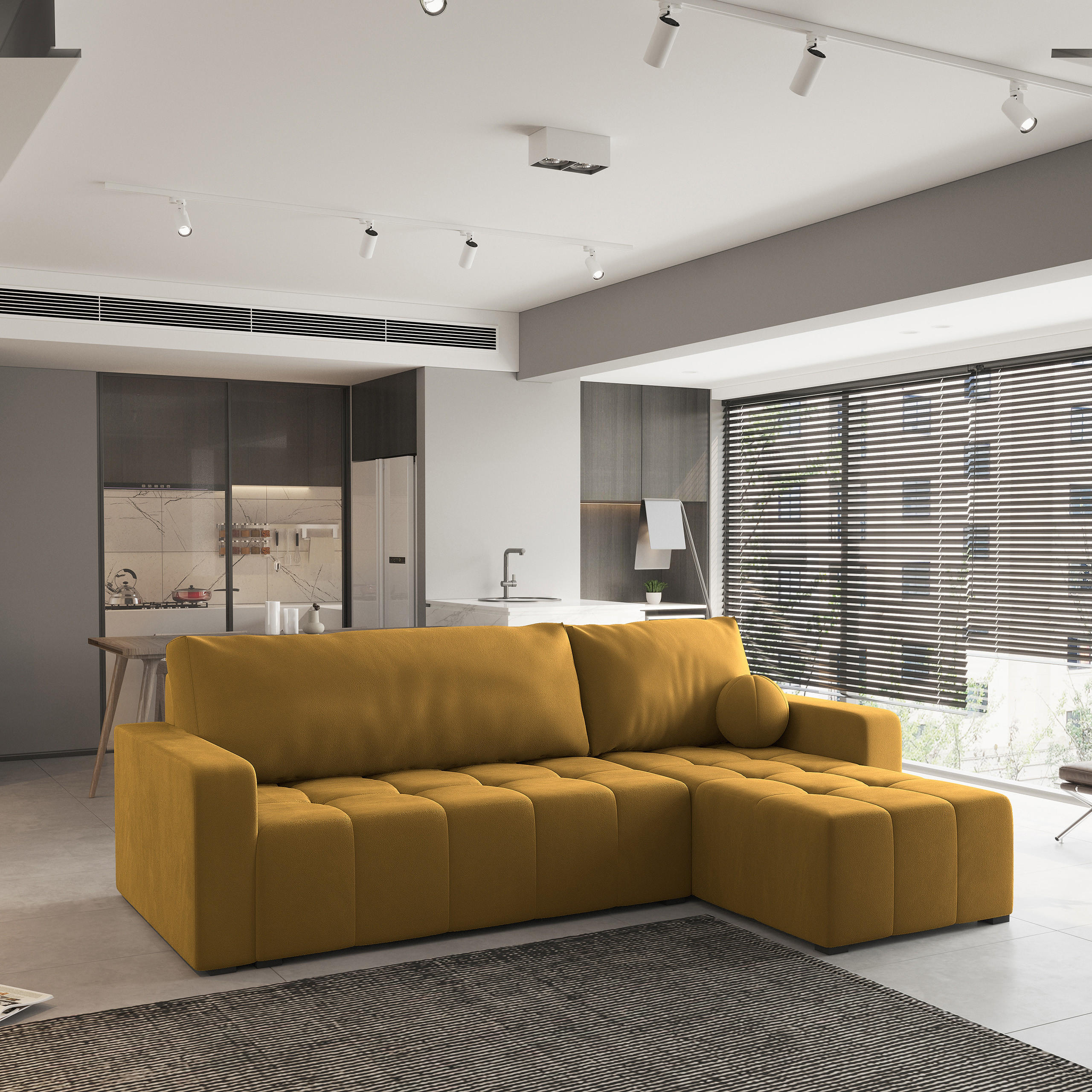 ECKSOFA VOLIRA Gelb Plüsch-Stoff mit Schlaffunktion - Gelb, Holz (230/143cm) - MASSENO