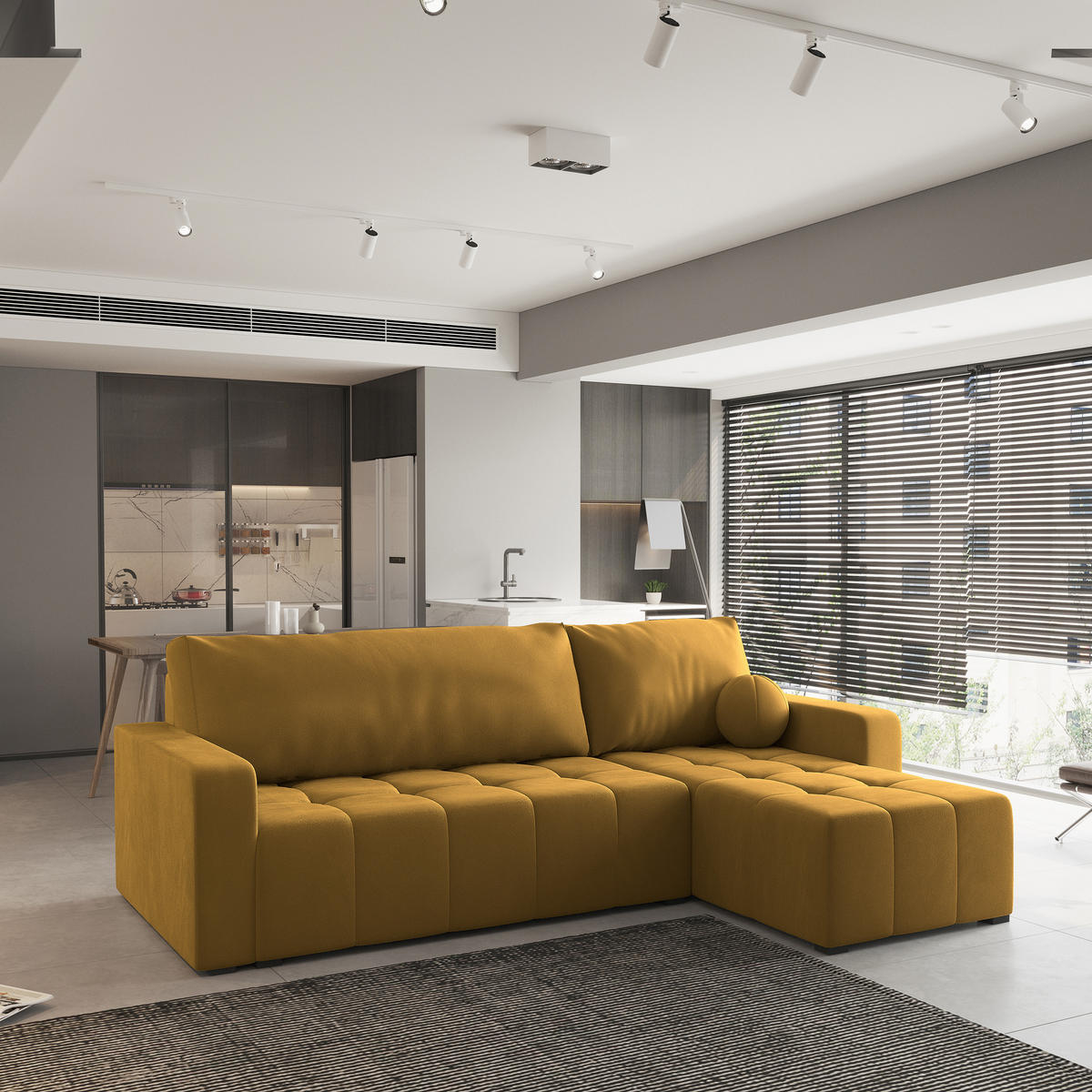 ECKSOFA VOLIRA Gelb Plüsch-Stoff mit Schlaffunktion - Gelb, Holz (230/143cm) - MASSENO