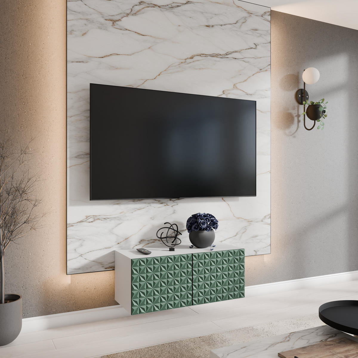 TV-SCHRANK Cali 100 cm, zweitürig, weiß, grün - Weiß/Olivgrün, Kunststoff (100/40/41cm) - Margaret Hadas24