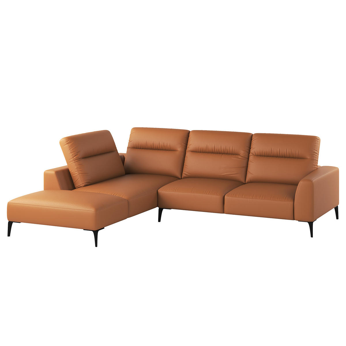 ECKSOFA mit Ottomane - Cognac/Schwarz, Leder/Metall (263/238cm) - home24