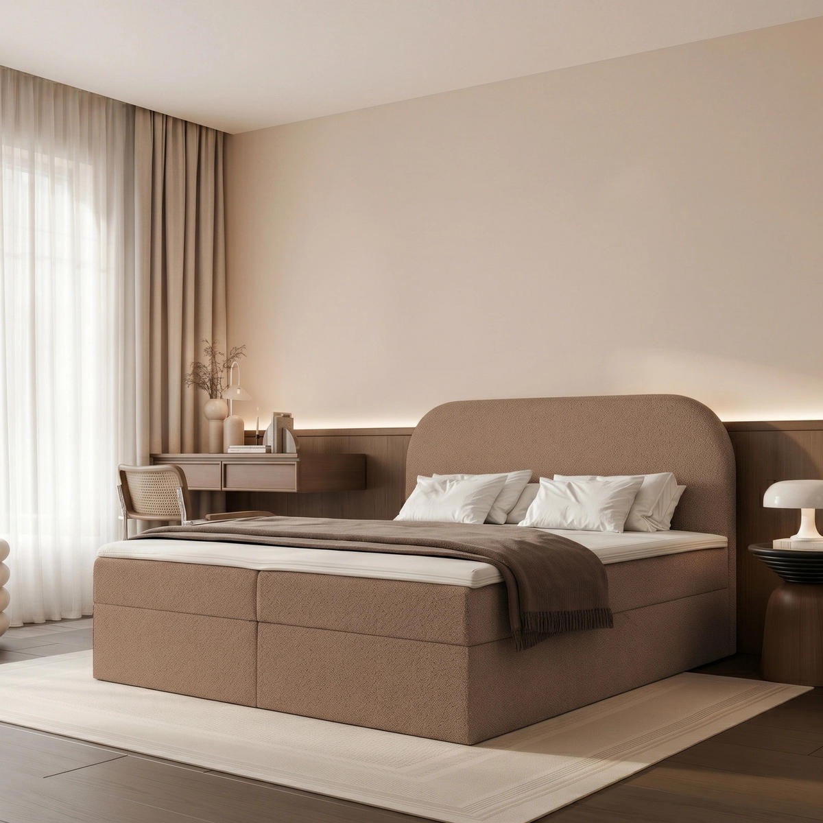 BOXBETT FUZZI 140x200 cm Toffee-Braun (Stoff Monte) - mit 2 Bettkästen, Bonellmatratze und weichem Kopfteil - Braun, Holzwerkstoff/Textil (140/200cm) - Ravio