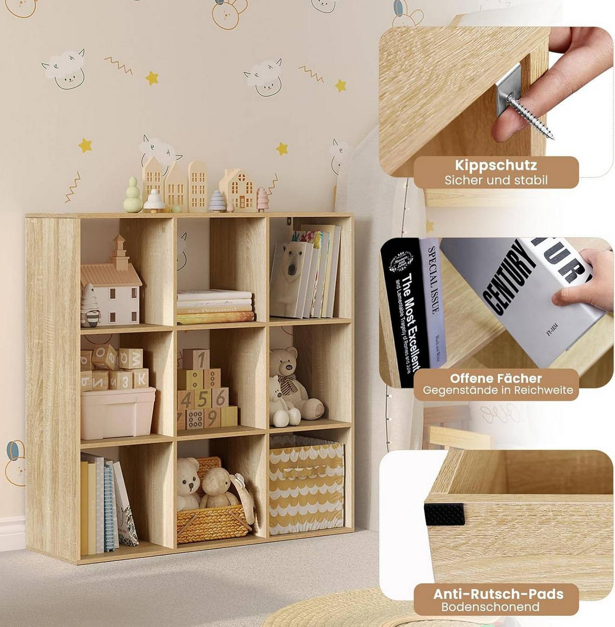 REGAL Bücherregal mit 9 Fächern,Würfelregal, Helle Eiche - Eichefarben, Holzwerkstoff (94/93/29.5cm) - Woltu
