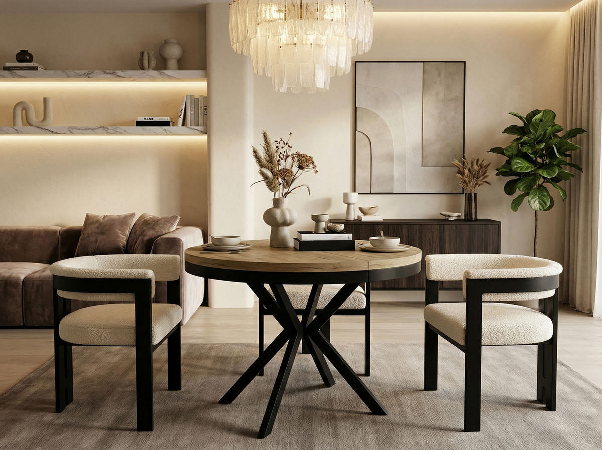 ESSTISCH Ross runder ausziehbarer, Lancelot Eiche 100-180/100/76 cm - Eichefarben/Schwarz, Holzwerkstoff/Metall (100/100/76cm) - WFL GROUP