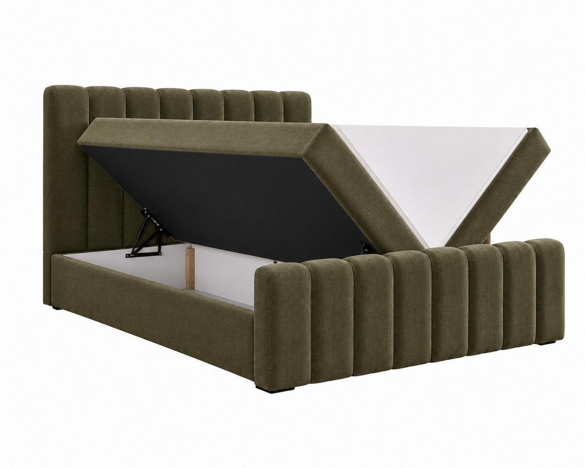 BOXBETT 01 BIS 160 x 200 cm - Vibe - Modernes Polsterbett mit Bettkasten inkl. PU-Schaum-Topper und Federmechanismus - Olivgrün, Holz (160/200cm) - ROYAL24_MARKT