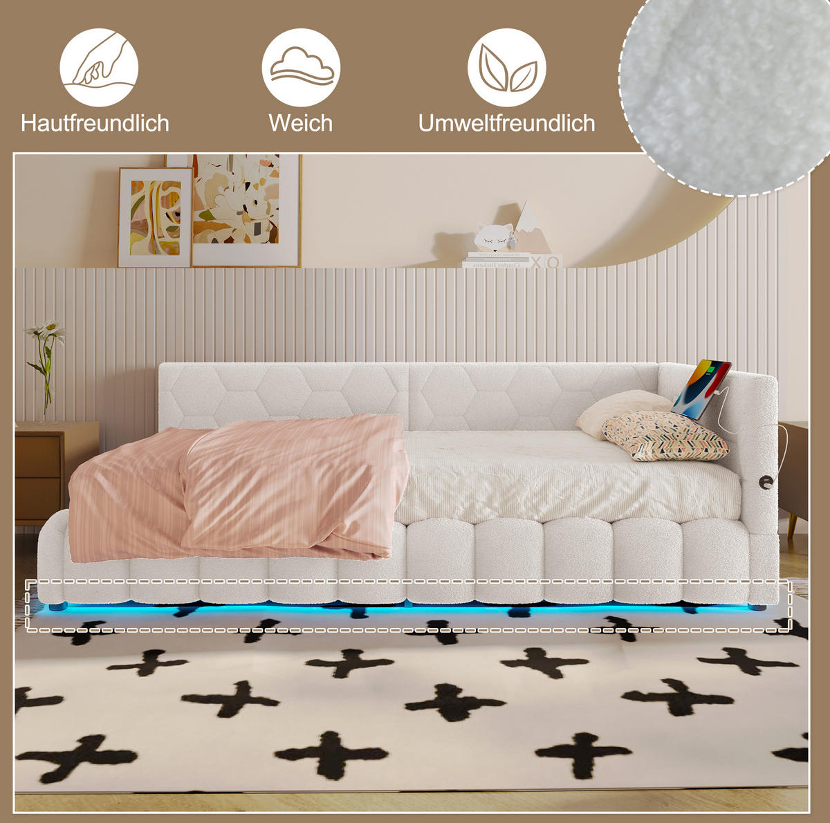 POLSTERBETT 90/200 cm mit LED-Beleuchtung und USB-Anschluss Vliesimitat Weiß - Weiß, Textil (90/200cm) - OKWISH