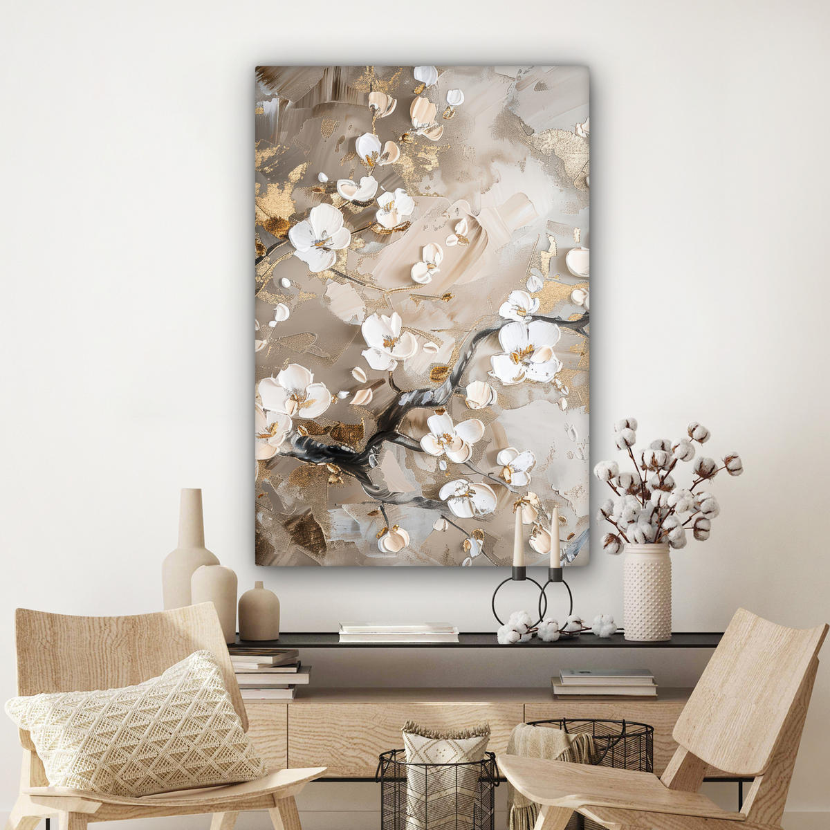 LEINWANDBILD - Blumen - Weiß - Gold - Beige - Luxus - 80x120 - Wanddeko - Greige, Textil (80/120cm) - MuchoWow