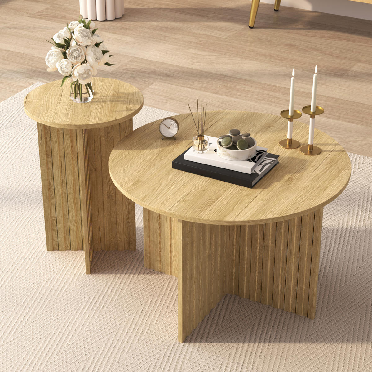 RUNDE Couchtische & Kaffeetische im skandinavischen Design 76/76/50 cm und 40/40/56,5 cm Naturfarben - Naturfarben, Holzwerkstoff (116/116/56.5cm) - Redom