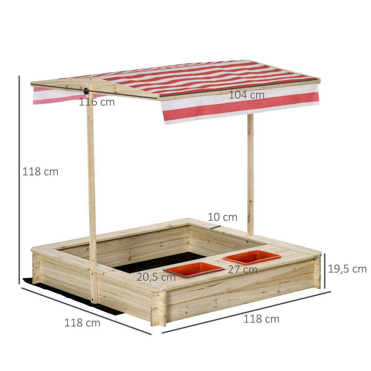 SANDKASTEN DE-18745 quadratisch mit verstellbarem Dach & 2 Wannen Holz - Naturfarben, Holzwerkstoff (118/118/118cm) - ComfortXL