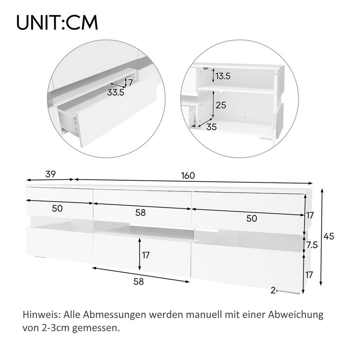 TV-SCHRANK 160x39cm Hochglanzweiß LED 2 Türen 1 Schublade bis 70 Zoll - Weiß, Holz (49/19/92cm) - FLIEKS