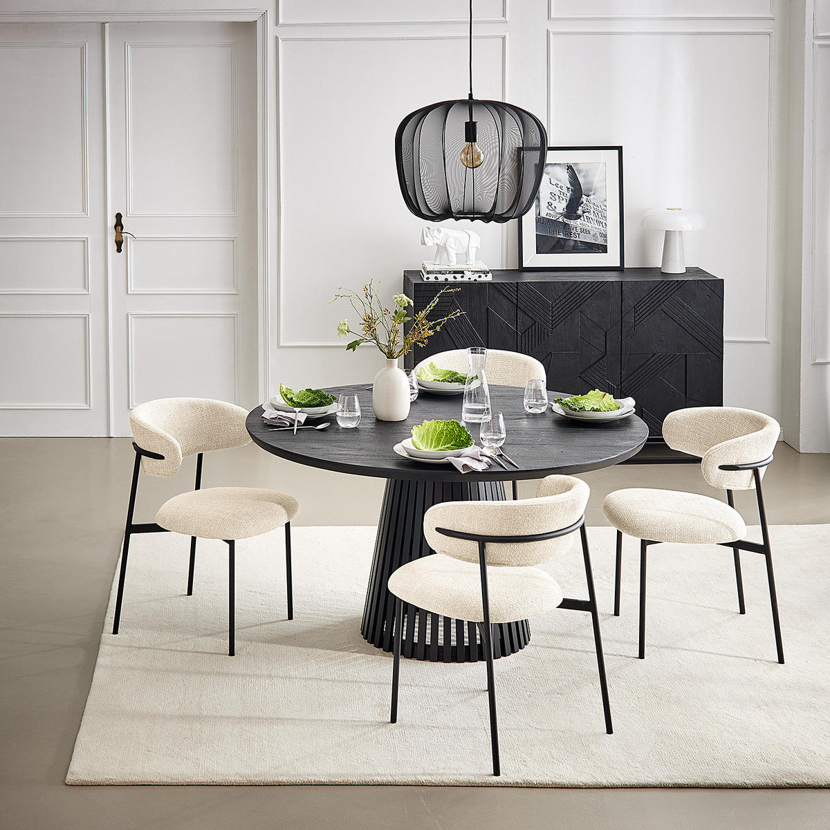 POLSTERSTUHL - Strukturstoff / Edelstahl, 2er-Set - Creme/Schwarz, Metall (58/80/54cm) - home24