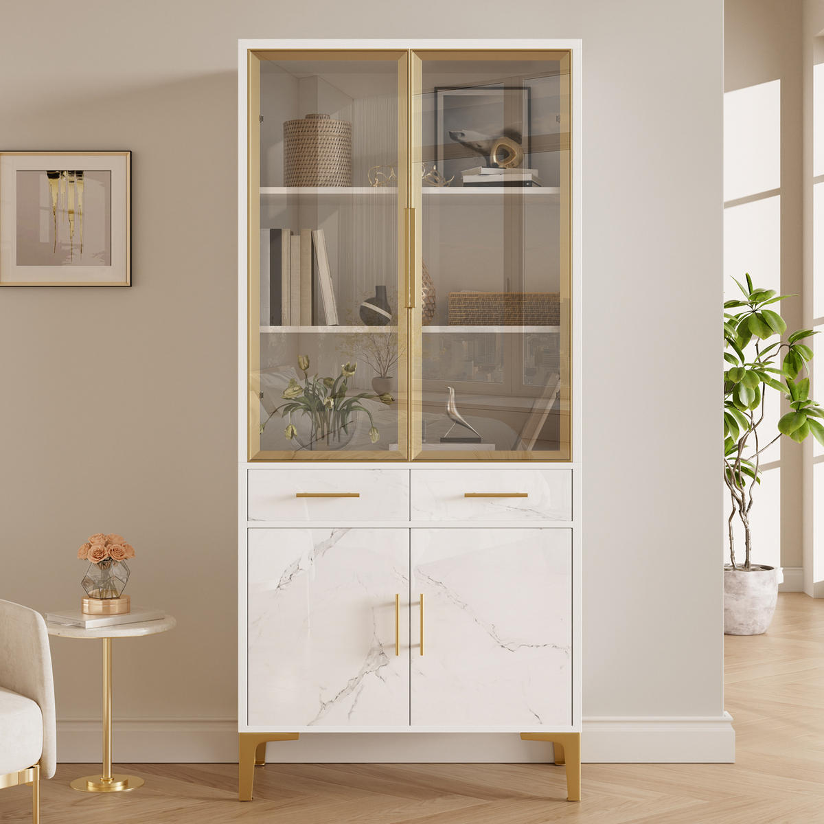VITRINE mit Glastüren, LED und 2 Schubladen - Weiß, Holzwerkstoff (75/170/38cm) - FLIEKS