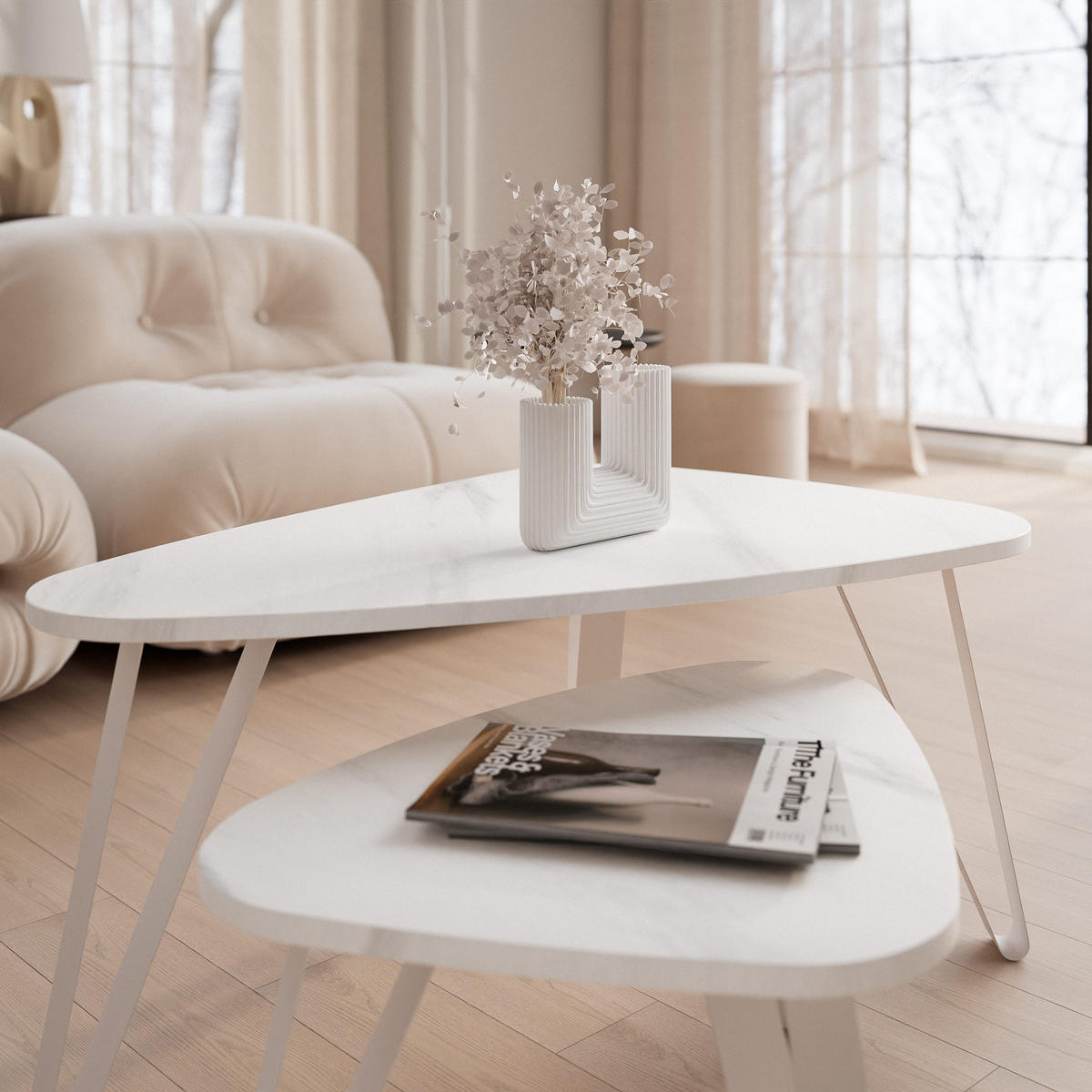 SATZTISCH NOA Stahlgestell, Freiform, Kaschmir / Bianco Marmor - Kaschmir/Weiß, Holzwerkstoff (94/60/42cm) - Idohome
