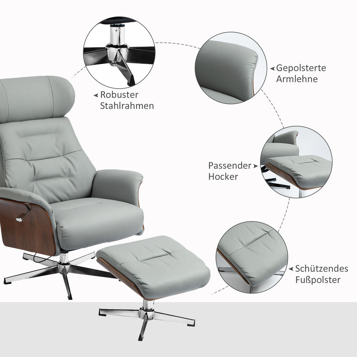 RELAXSESSEL mit Hocker, Fernsehsessel mit Liegefunktion, verstellbare Kopfstütze - Hellgrau, Kunststoff (84/108/80cm) - HOMCOM