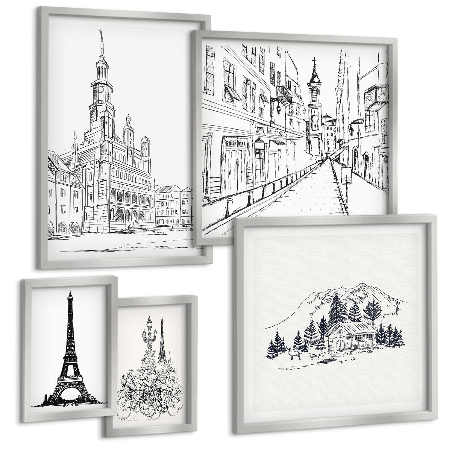 BILDER SET 5er Set - 50x50 cm & 20x30 cm & 40x60 cm Silberner Rahmen - Abstrakte Gemäldekompositionen - Silberfarben, Kunststoff (40/60cm) - TULUP