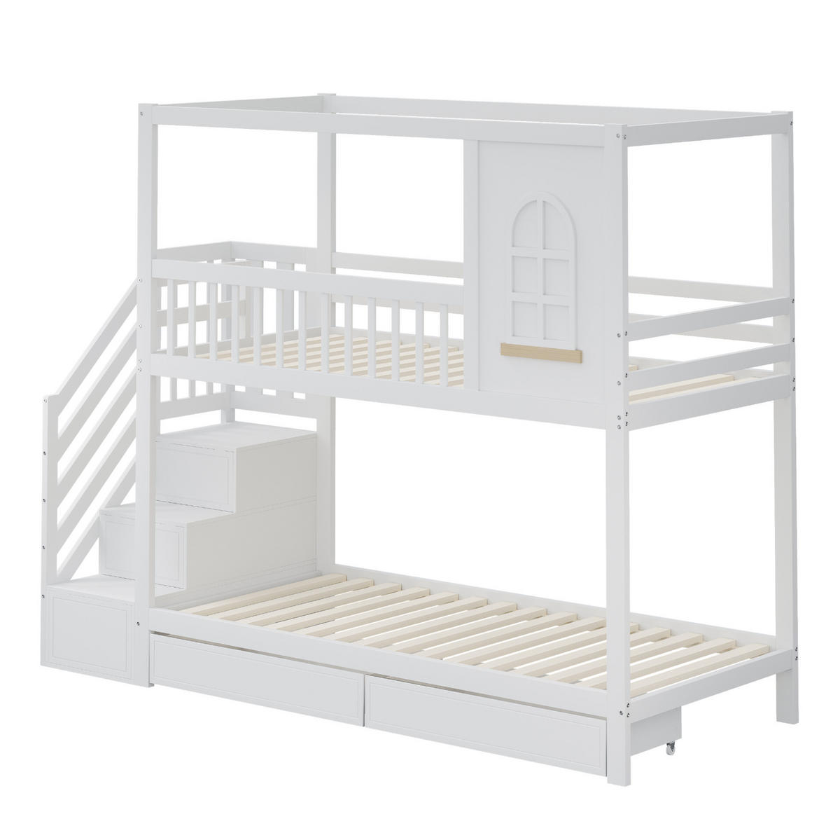 ETAGENBETT 90/200 cm Weiß mit Sicherheitszaun und Stauraum - Weiß, Holz (90/200cm) - OKWISH