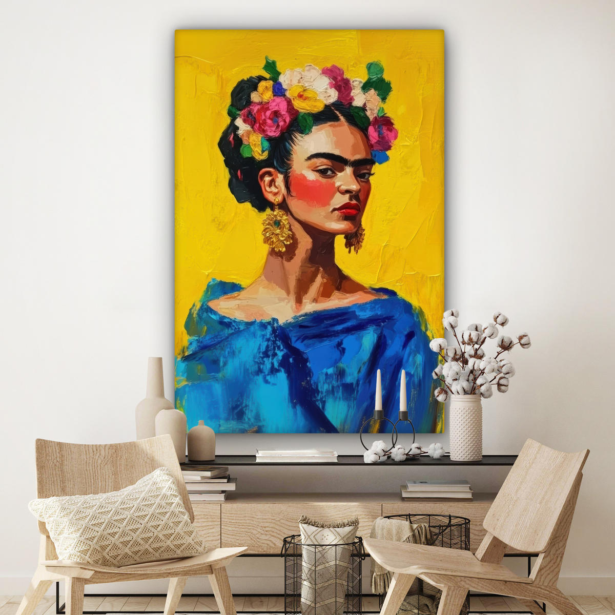 LEINWANDBILD Frida Kahlo - Frau - Gelb - Blau - Blumen Deko Groß 90x140 cm - Gelb, Textil (90/140cm) - MuchoWow