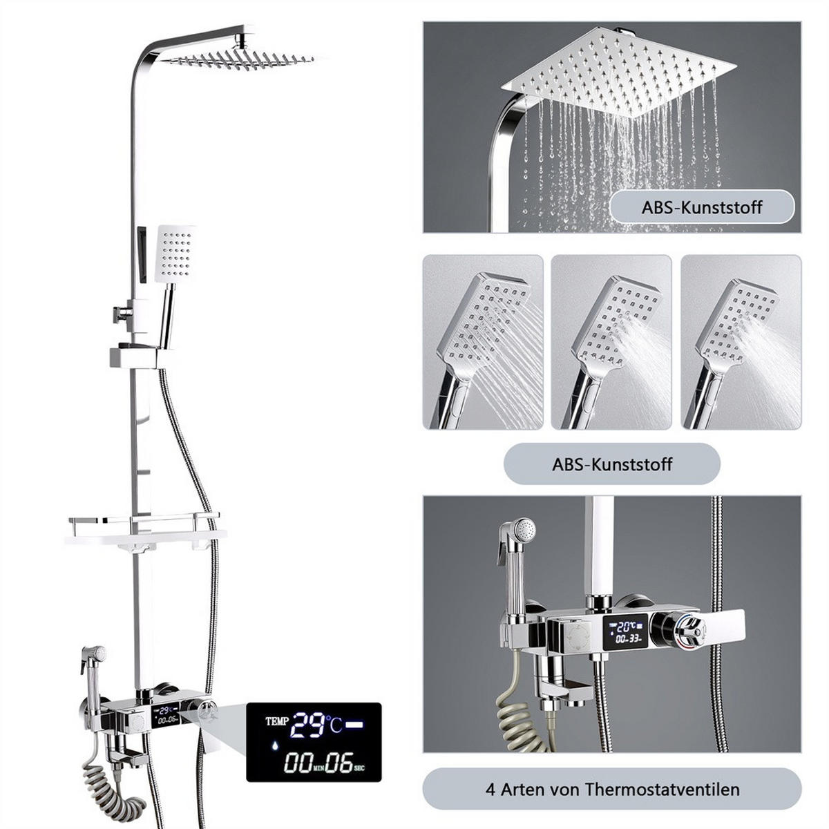 DUSCHSYSTEM Thermostat mit Digitalanzeige quadratische Regendusche ABS - Regenduschkopf mit Handbrause - Silberfarben, Metall (34/124/20cm) - DELFA