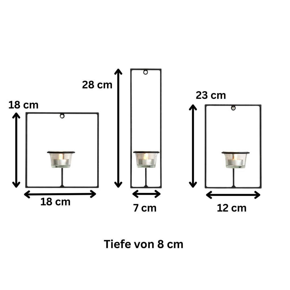 WANDTEELICHTHALTER 3-teilig Metall Schwarz 18–28 cm - Schwarz, Metall (28cm) - DanDiBo
