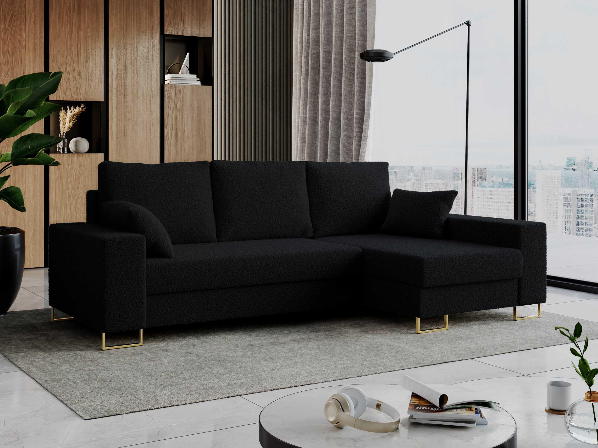ECKSOFA Dorian Boucle Schwarz - Goldfarben/Schwarz, Textil/Metall (242/138cm) - MKS