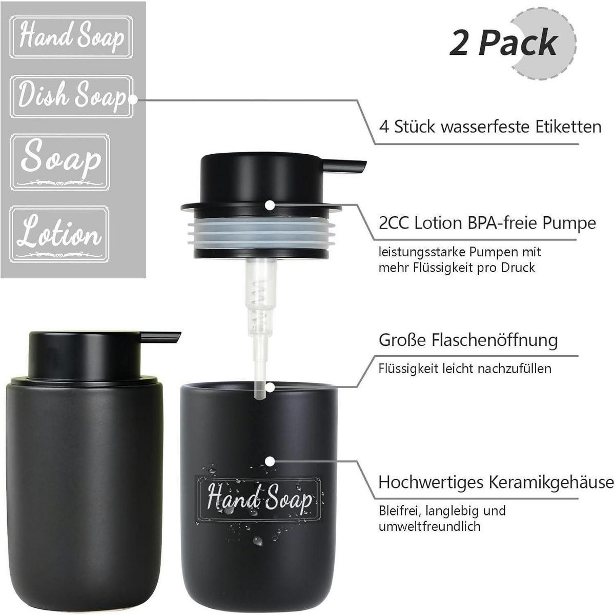 SEIFENSPENDER Keramik Schwarz 350 ml - Schwarz, Keramik (8/14/8cm)