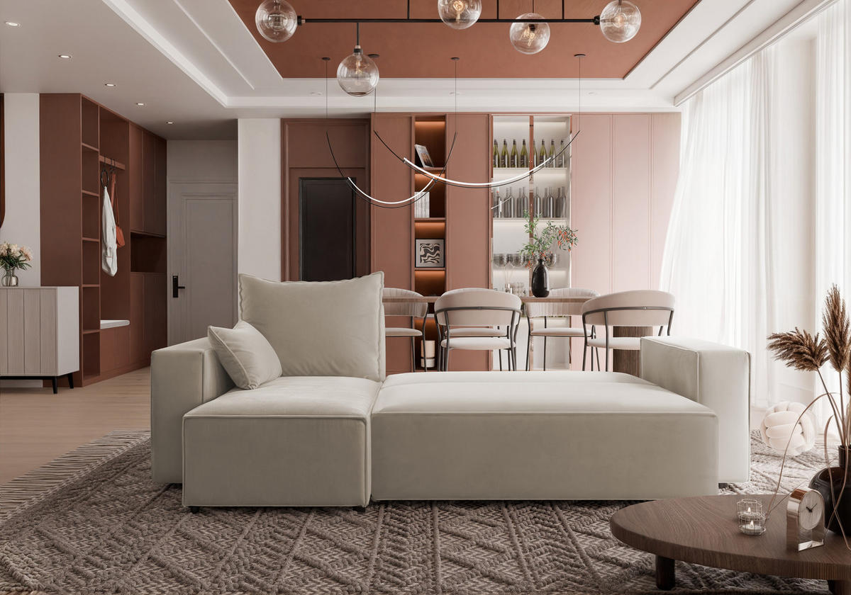 ECKSOFA Tobi mit Bettkasten und Schlaffunktion, L-Form, Velourstoff, Universal - Beige, Holzwerkstoff (246/145cm) - 4ALL HOME