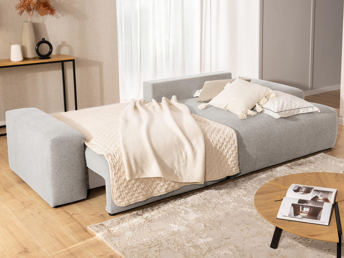 ECKSOFA Lennon aus Beige Strukturstoff mit Schlaffunktion und Bettkasten - Beige/Schwarz, Holz/Kunststoff (264/137cm) - S-Style