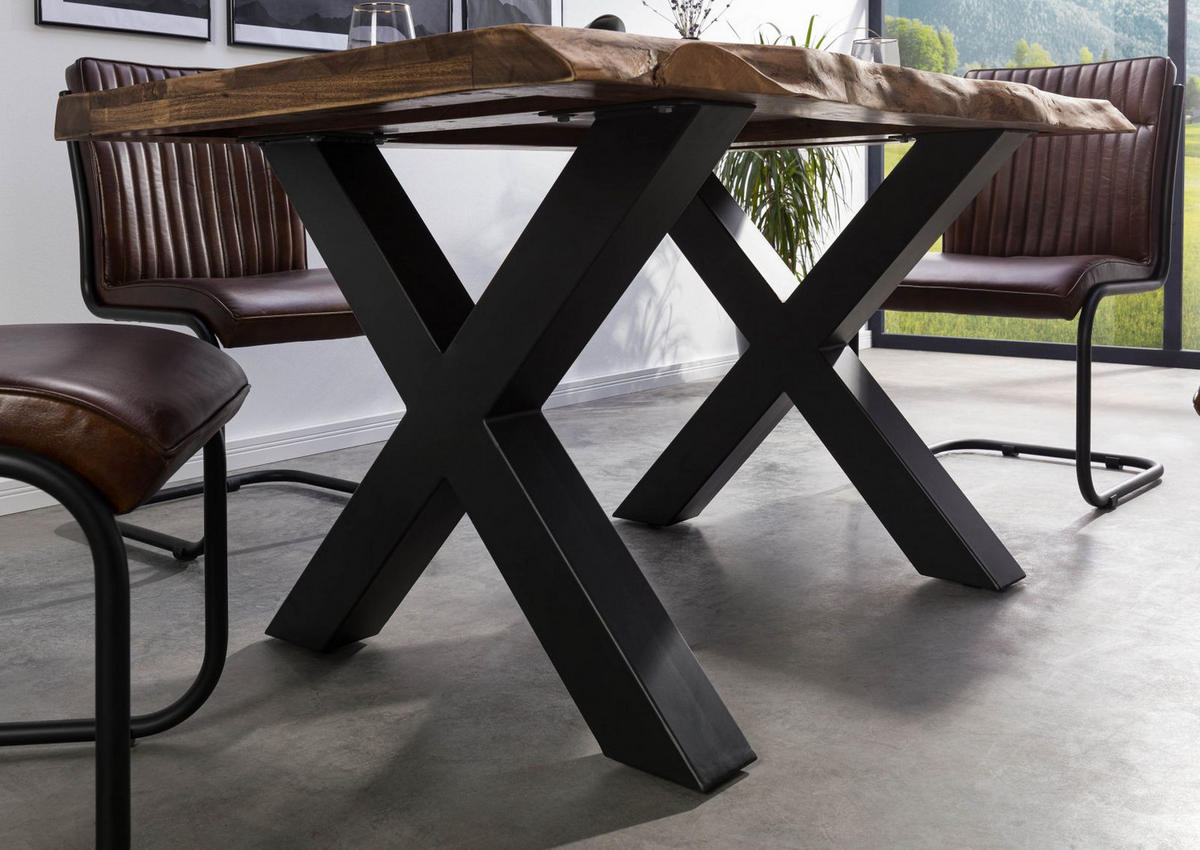BAUMTISCH Sheesham 140x90x77 grau gebeizt / X-Beine anthrazit matt FREEFORM 5 - Anthrazit/Grau, Holz (140/90/77cm) - Massivmoebel24