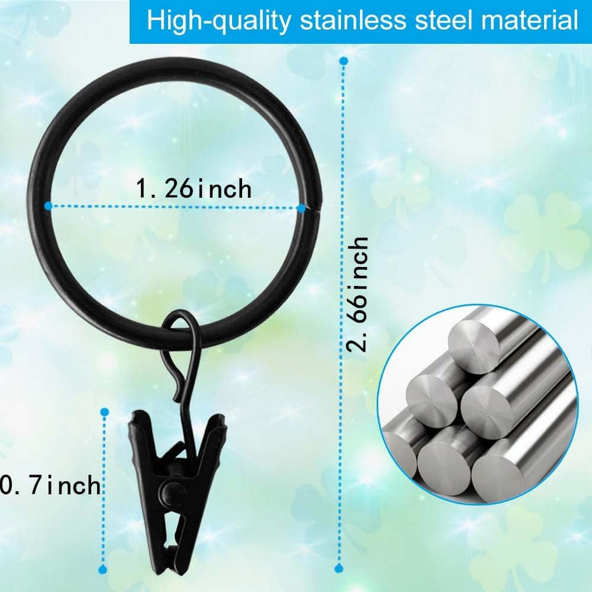 DUSCHVORHANGRINGE Silber Set mit Clips für Stangen - Schwarz, Metall (3.2/6.7cm) - MCBOSON