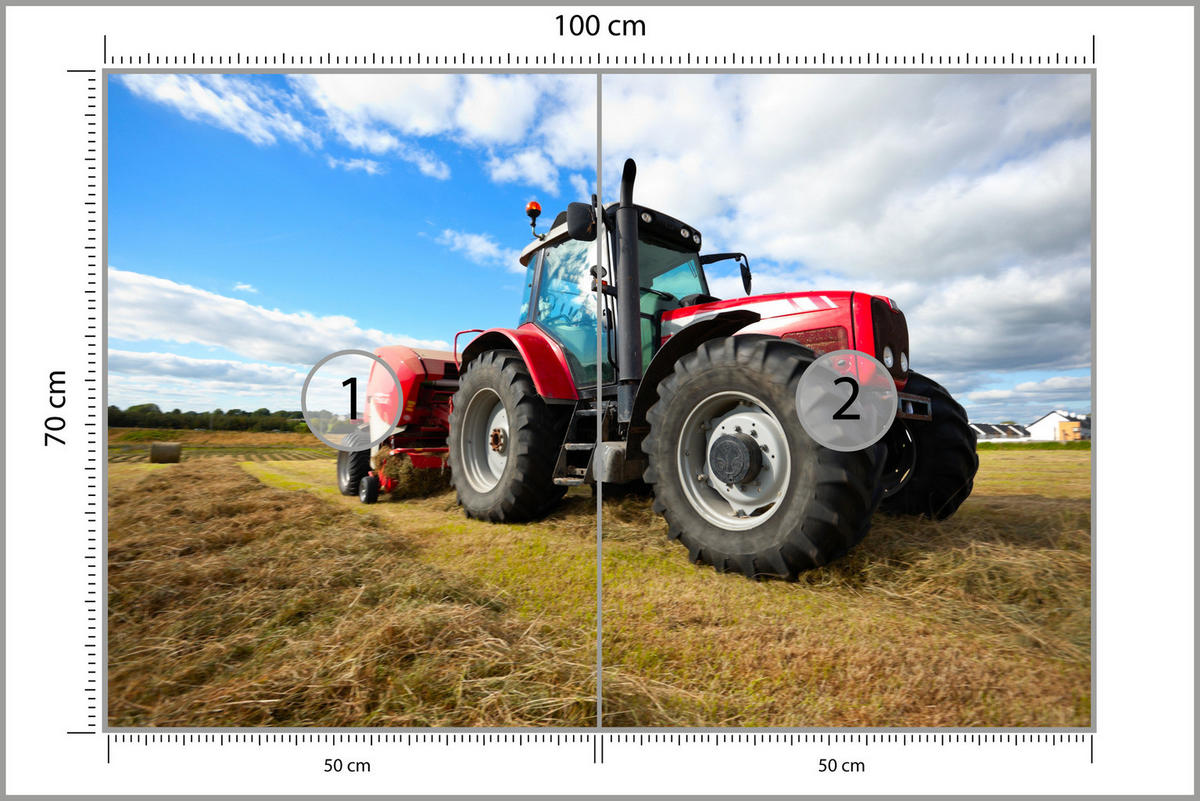 FOTOTAPETE Roter Traktor Feld Ernte Landwirtschaft Rustikal 100x70 - Gelb/Rot, Papier (100/70cm) - Muralo