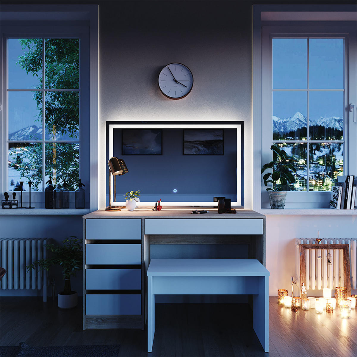 SCHMINKTISCH Sherry Weiß/Sonoma 120 cm mit LED Spiegel und Hocker - Weiß/Sonoma Eiche, Holzwerkstoff (55/75/120cm) - Vicco