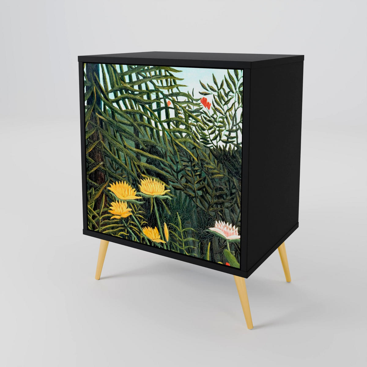 SIDEBOARD VIRGIN FOREST WITH SUNSET, Schwarz, 57,5x42x67,5 cm, Schwarze Metall-Rahmenfüße - Multicolor/Schwarz, Holzwerkstoff/Metall (57.5/67.5/42cm) - SpaceRebels