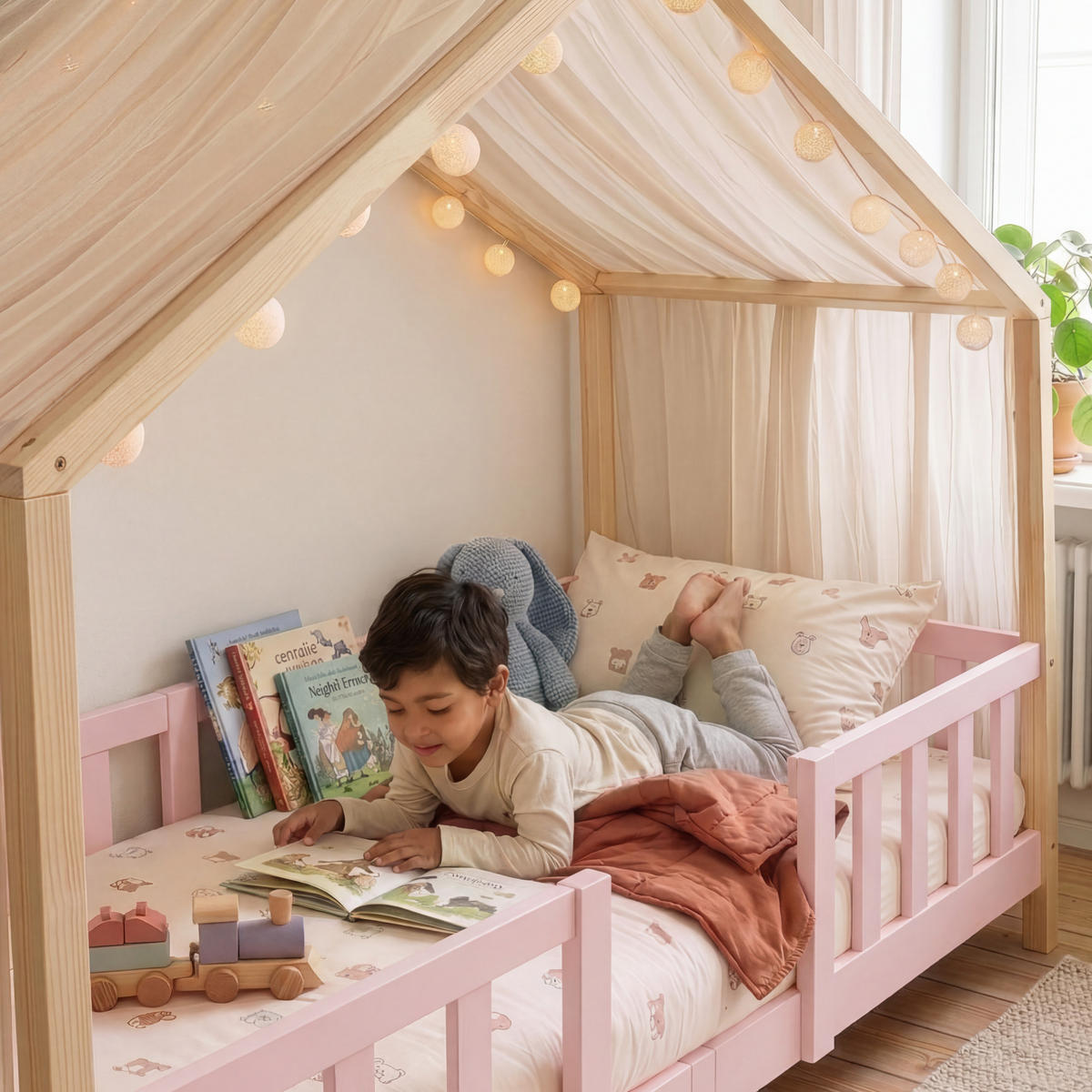 HAUSBETT Treviolo - Pink/Naturfarben, Holz (90/200cm) - [en.casa]