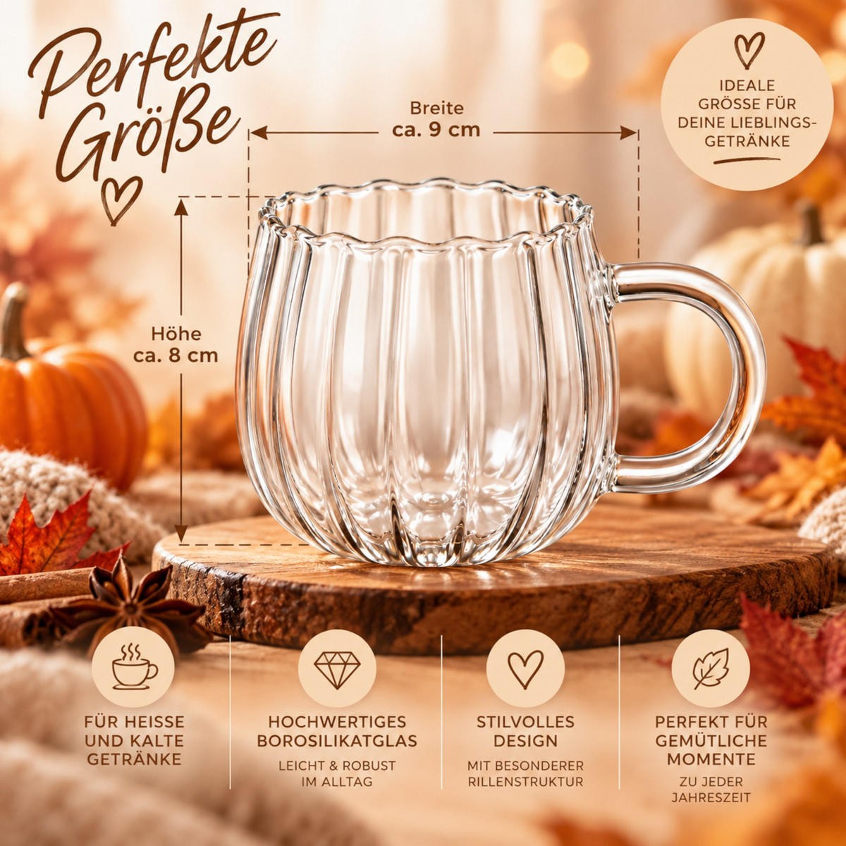 GLÄSERSET Pumpkin geriffelt 350 ml + 6 Trinkhalme aus Glas - Transparent, Glas - Mulex