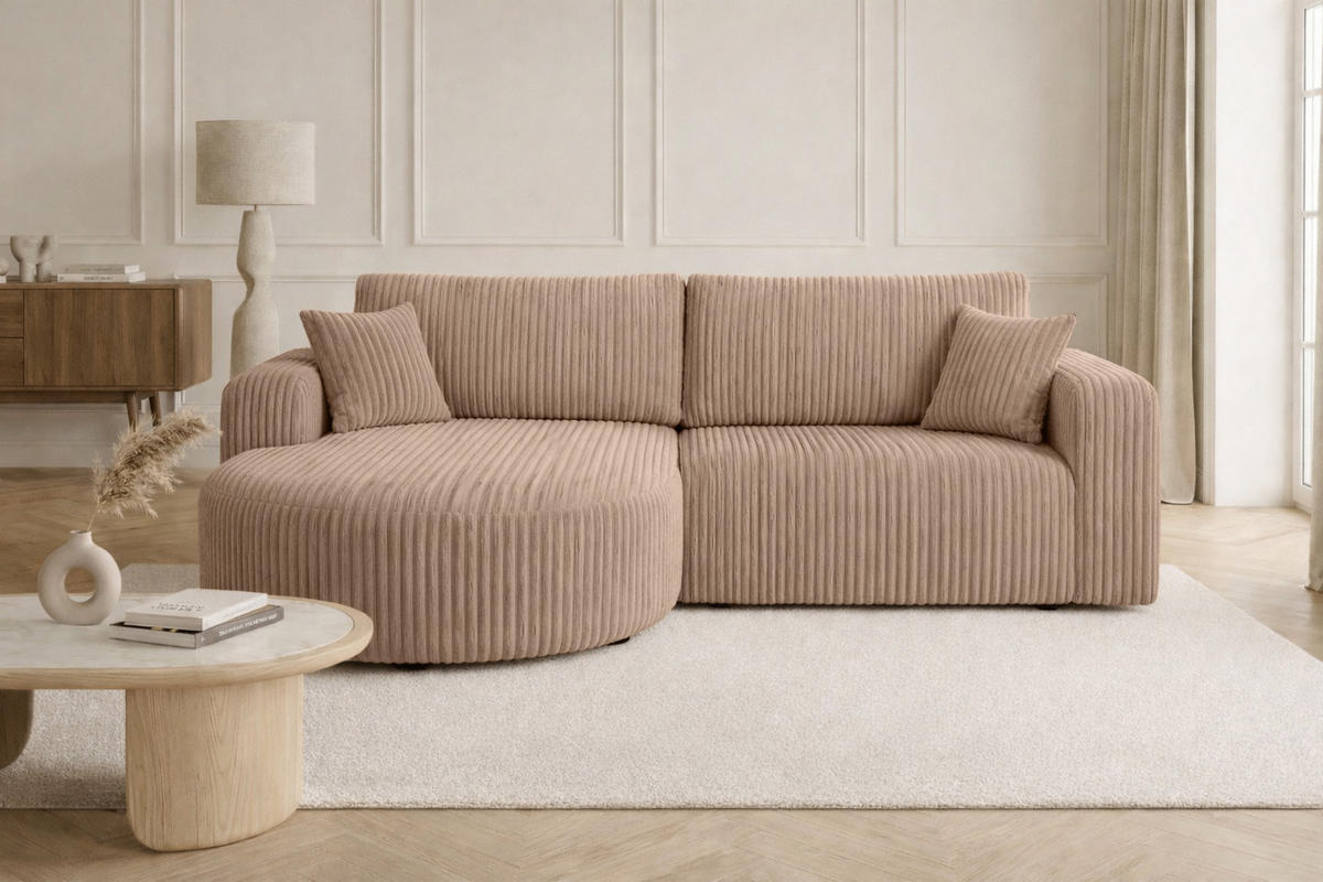 ECKSOFA Mit Schlaffunktion, Cordstoff Tilia, Braun, Links, ROUND ONE - Braun, Holz (244/175cm) - Kaiser Möbel