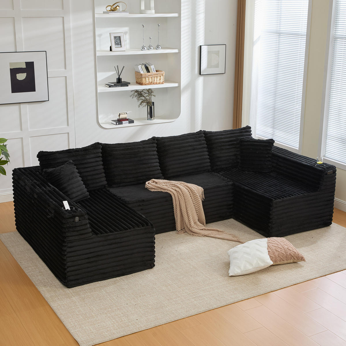 WOHNLANDSCHAFT 320/155/88 cm Schwarz mit Getränkehalter und Seitentasche - Schwarz, Textil (320/88/155cm) - Oxeza