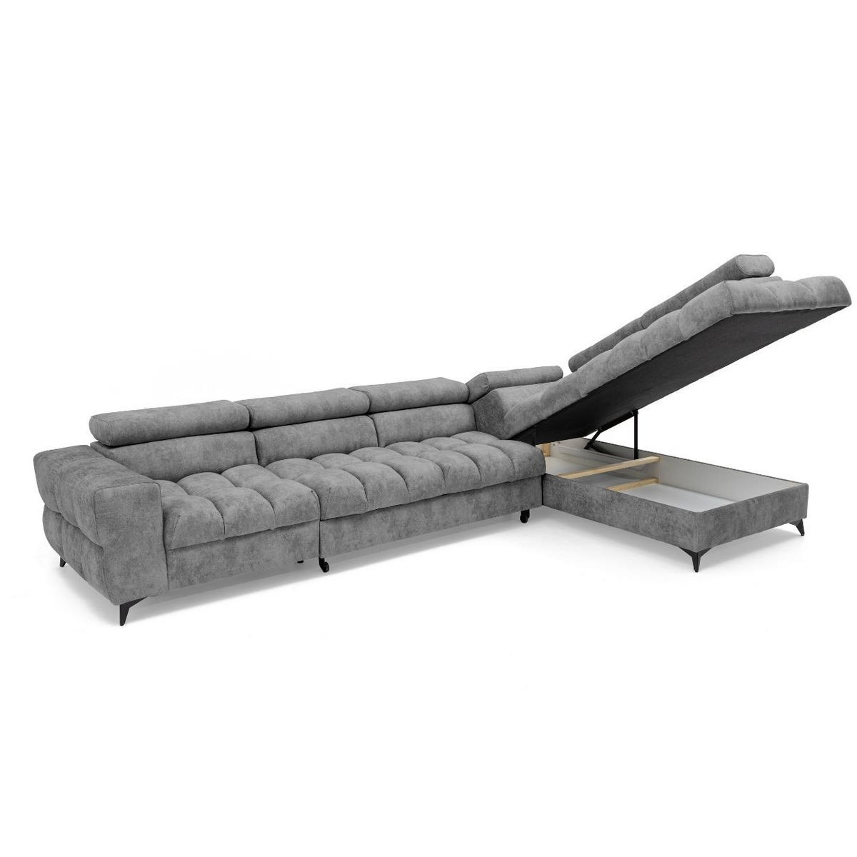 ECKSOFA PUDDING MAXI L Rechts mit Schlaffunktion 125x195 Velours Grau - Schwarz/Grau, Holz/Textil (203/350cm) - Muffo