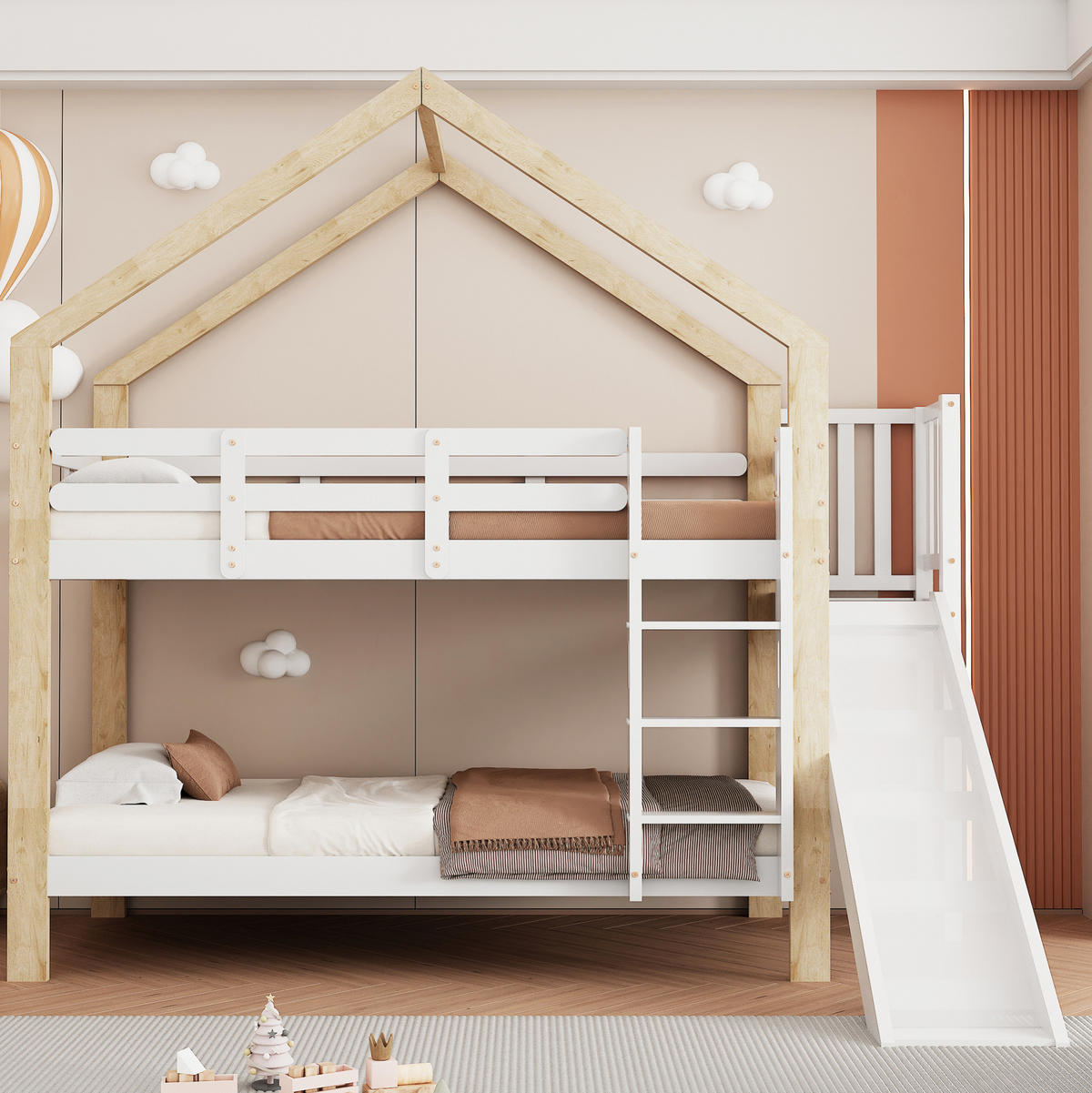 ETAGENBETT aus Kiefer und MDF 90x200 cm Weiß/Natur mit Rutsche, Hausdach und Absturzsicherung - Weiß, Holzwerkstoff (90/200cm) - Modfu