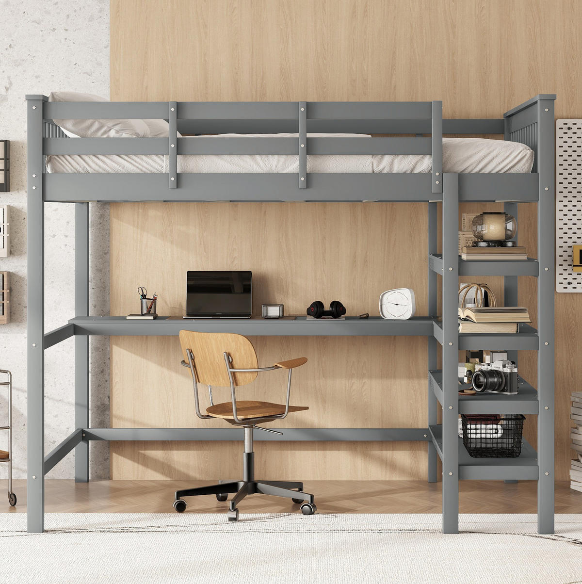 HOCHBETT 140/200 cm, Grau mit Schreibtisch und Ablagefächern ohne Matratze - Grau, Holz (140/200cm) - MIVRAY