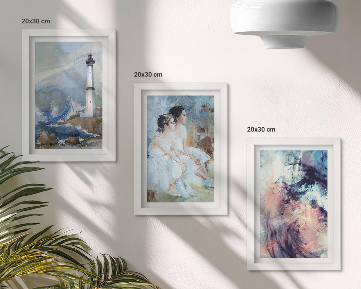 WANDBILDER 3er-Set - 20x30 cm Weißer Rahmen - Leuchtturm-Abstrakte Tänzerin - Weiß, Kunststoff (20/30cm) - ArtPrintCave
