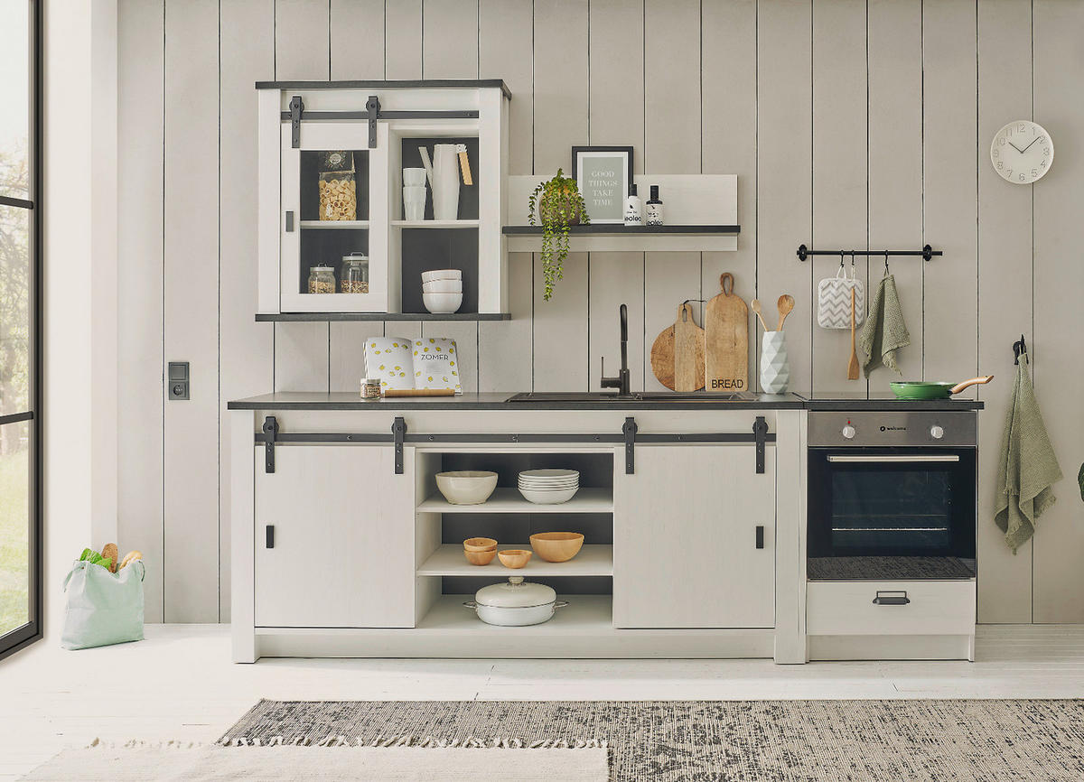 KÜCHENZEILE weiß Pinie, anthrazit Landhaus, Küchenschrank Set 5-teilig mit viel Stauraum - Anthrazit/Schwarz, Glas/Holzwerkstoff (284/201/64cm) - Furn.Design