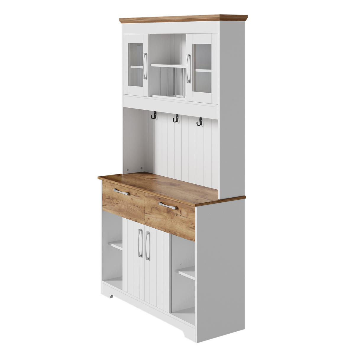 BUFFET DE-37546 106/39/176,5 cm mit Vitrinenfächern und Hakenleiste Weiß - Weiß, Holzwerkstoff (106/176.5/39cm) - ComfortXL