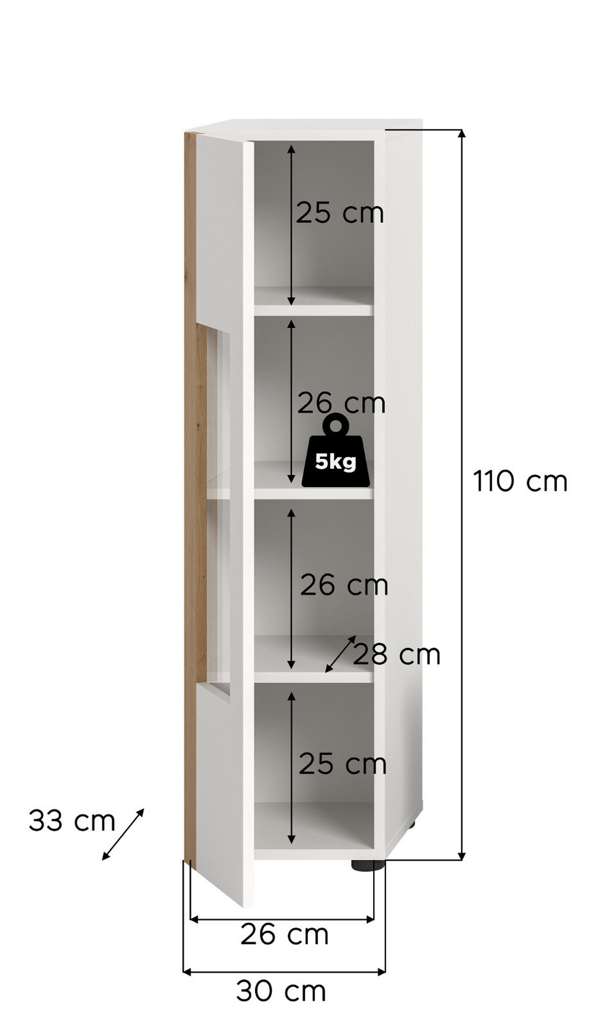 VITRINE weiß und Eiche 30 x 110 cm, Vitrinenschrank stehend/hängend - Schwarz/Weiß, Glas/Holzwerkstoff (30/112/33cm) - Inn.Furn