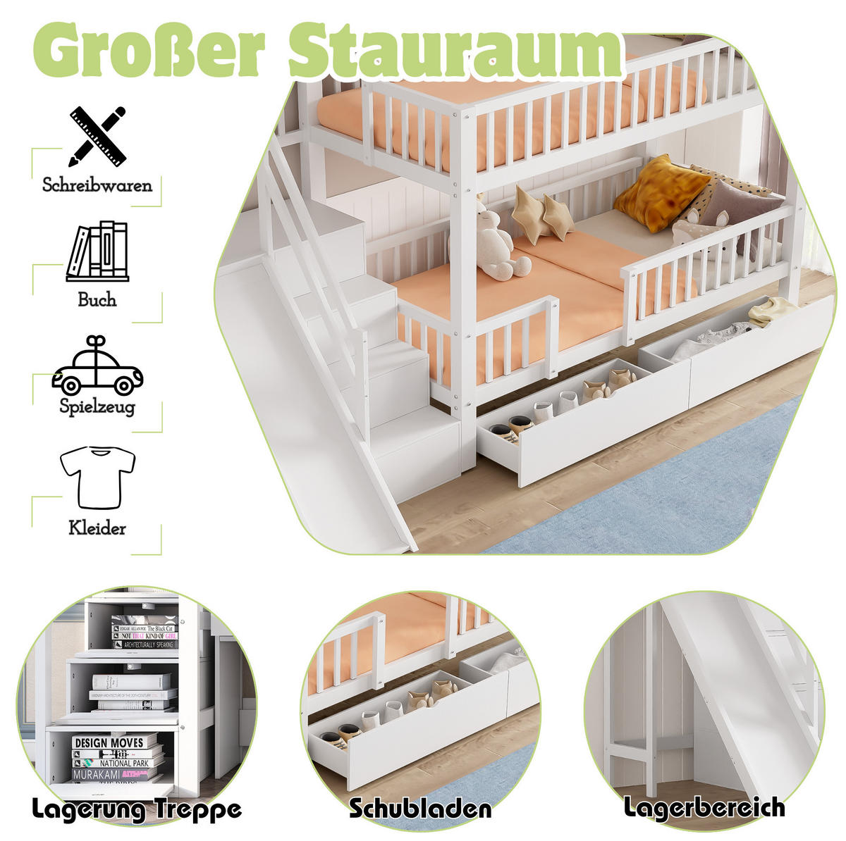 ETAGENBETT 90/200 cm Weiß mit Rutsche, Treppe, Schubladen, ohne Matratze - Weiß, Holz (90/200cm) - MIVRAY