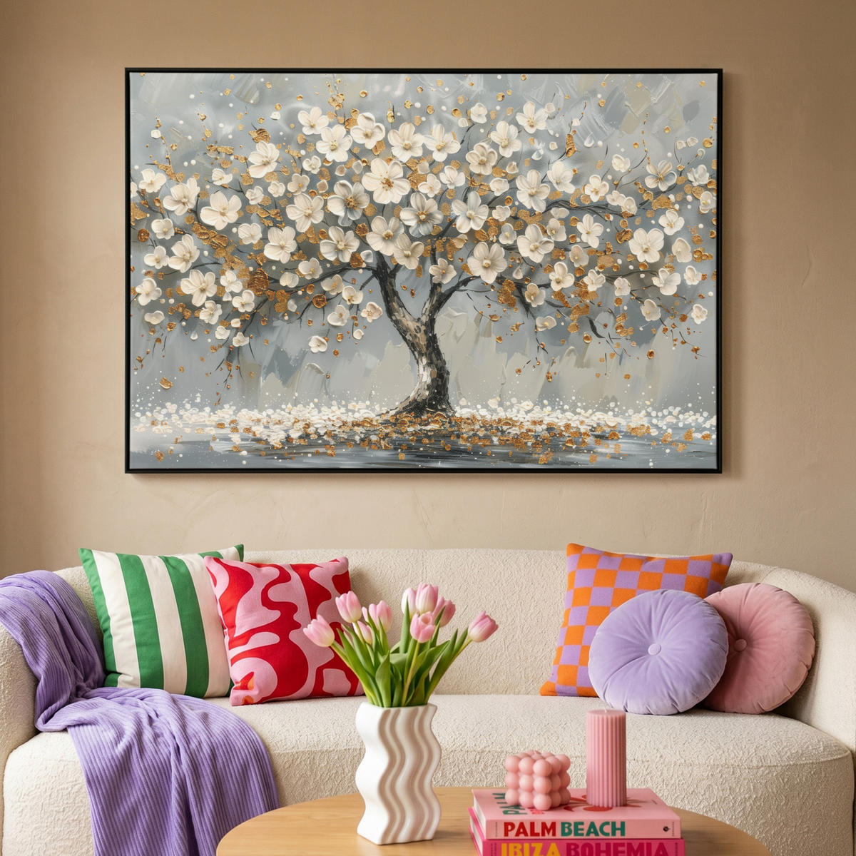 LEINWAND Bilder mit Rahmen - Baum - Blumen - Weiß - Natur - Kunst - 150x100 - Weiß, Textil (150/100cm) - MuchoWow