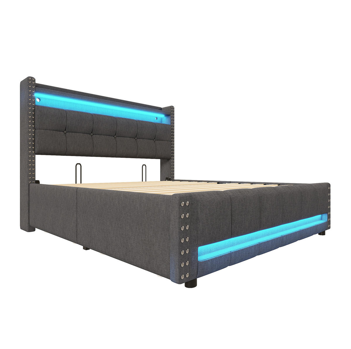 ČALOUNĚNÁ postel, 140/200 cm, šedá, s LED osvětlením, USB a úložnými zásuvkami - šedá, textil (140/200cm) - BEAOK