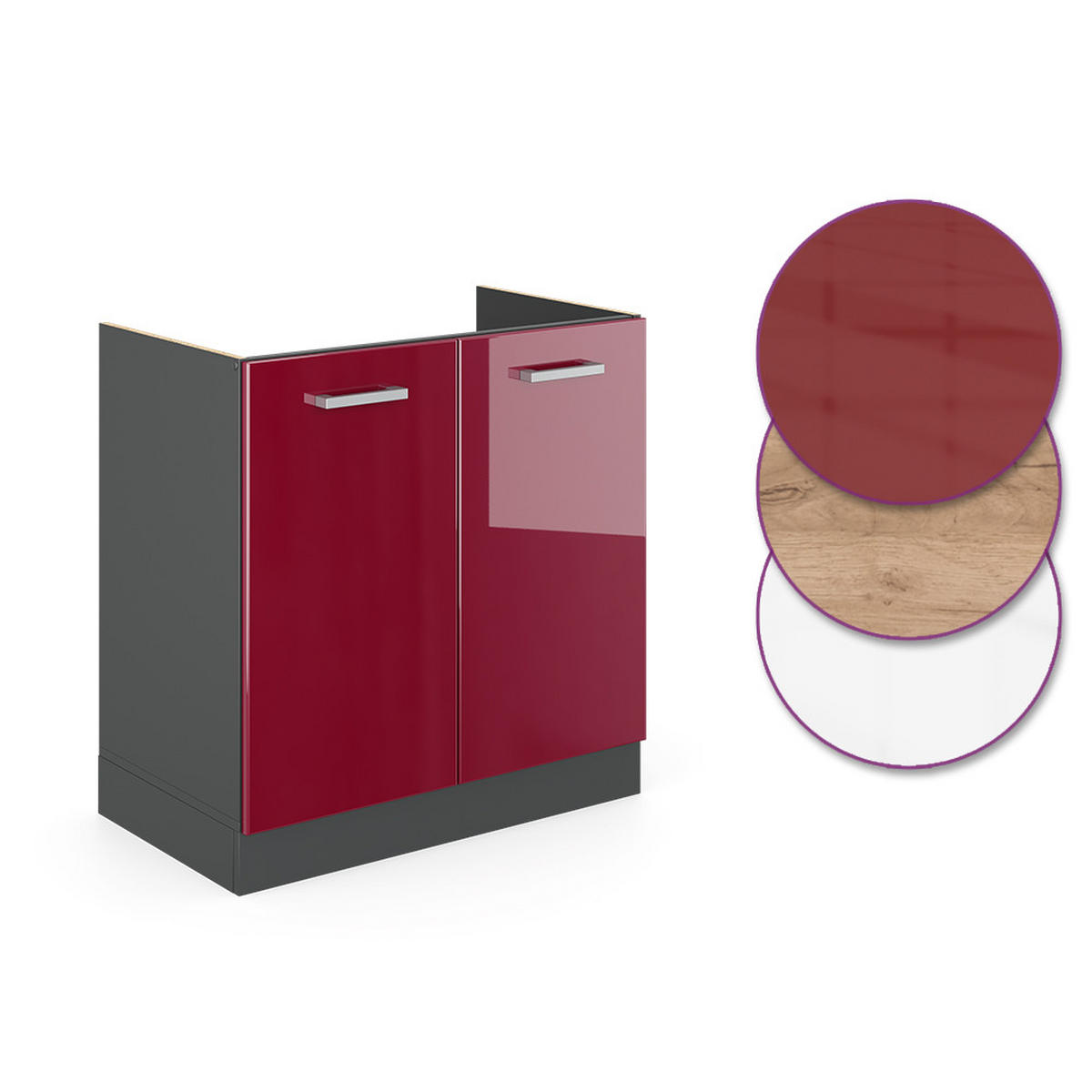 KÜCHENUNTERSCHRANK R-Line Bordeaux Hochglanz 80 cm AP Marmor - Bordeaux/Anthrazit, Holzwerkstoff (80/81.6/60cm) - Vicco