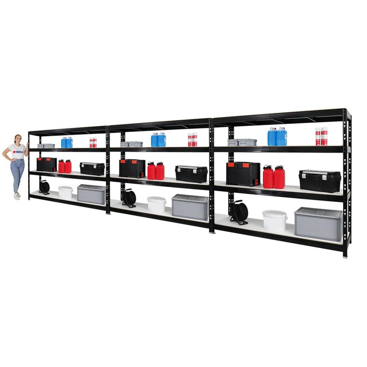 SCHWERLASTREGAL Rhino 3er-Set mit 3x 180x200x60 cm 4 Melamin-Ebenen 16mm Fachlast 500 kg Schwarz - Schwarz, Metall (600/180/60cm) - PROREGAL