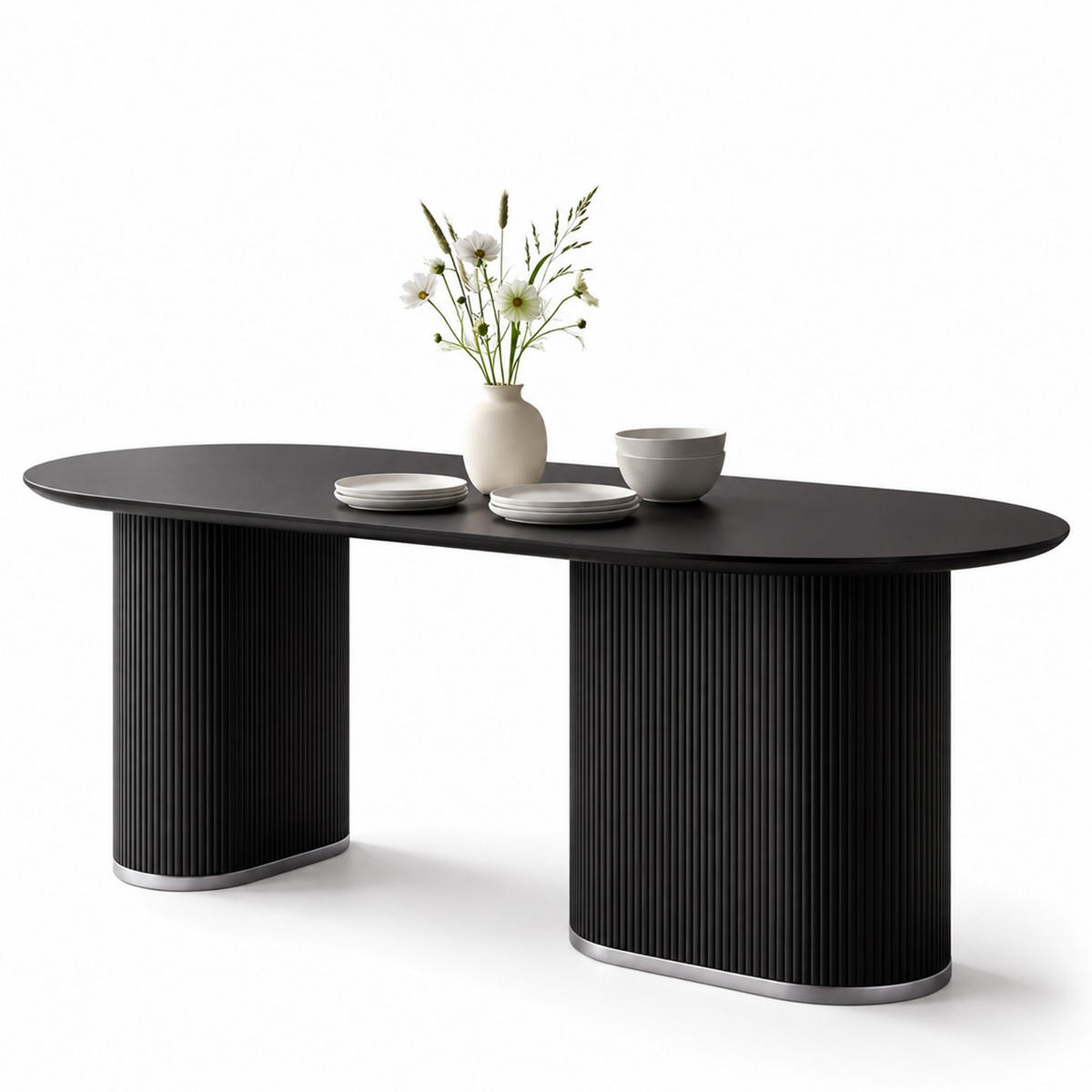 ESSTISCH Oval Schwarz 180 × 90 cm geriffeltes Säulengestell mit silberfarbenen Akzenten - Schwarz, Holzwerkstoff (90/180/76cm) - HOOZ