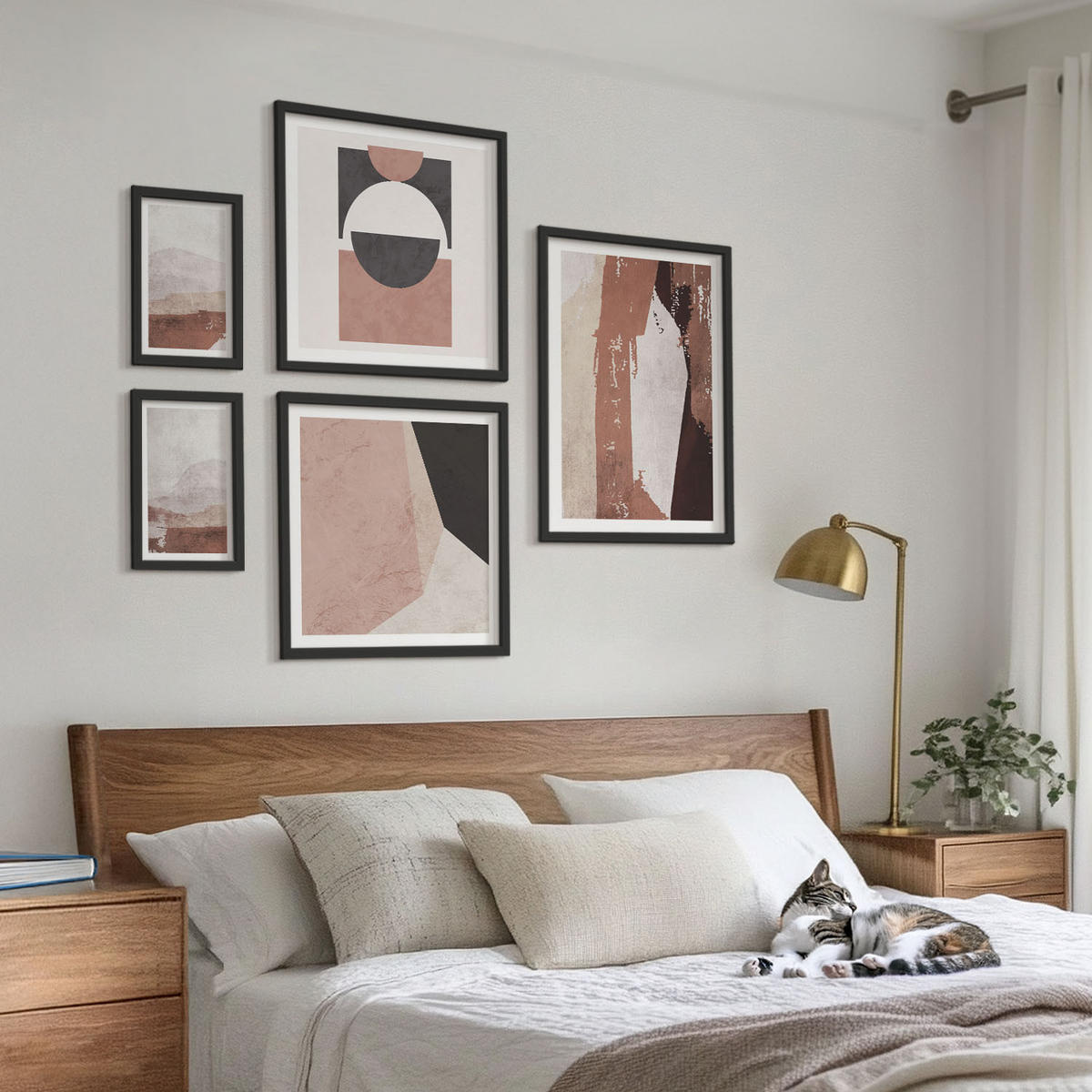 BILDER SET 5er Set - 50x50 cm & 20x30 cm & 40x60 cm Schwarzer Rahmen - Abstrakte braune Muster - Schwarz, Kunststoff (40/60cm) - TULUP